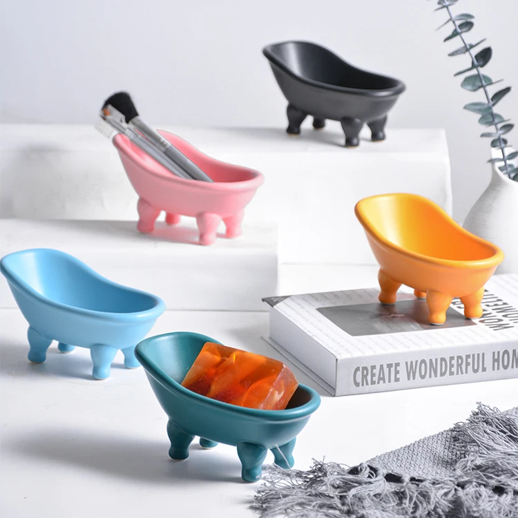 In Stock Hotel Ceramic Soap Dish Matte Colorful Mini Bathtub Shape Soap Holder Manufacture