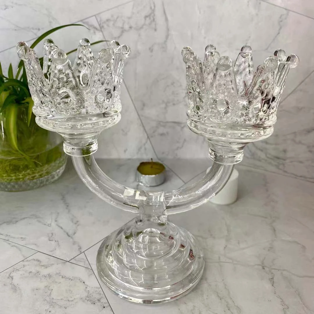 Wholesale two-headed crown glass candlestick for festive atmosphere and home decoration