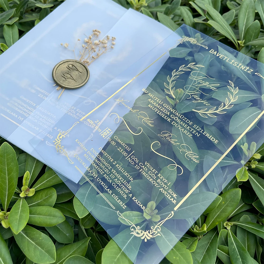 Wholesale Luxury Free Design Transparent Glass Printing Acrylic Wedding Invitation Card with Envelope