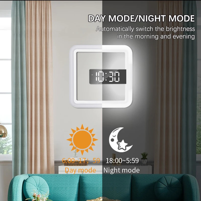 Mirror Alarm Hot Sale Factory Usb Cable Charging Remote Control Square Light 3d Led Digital Wall Clock