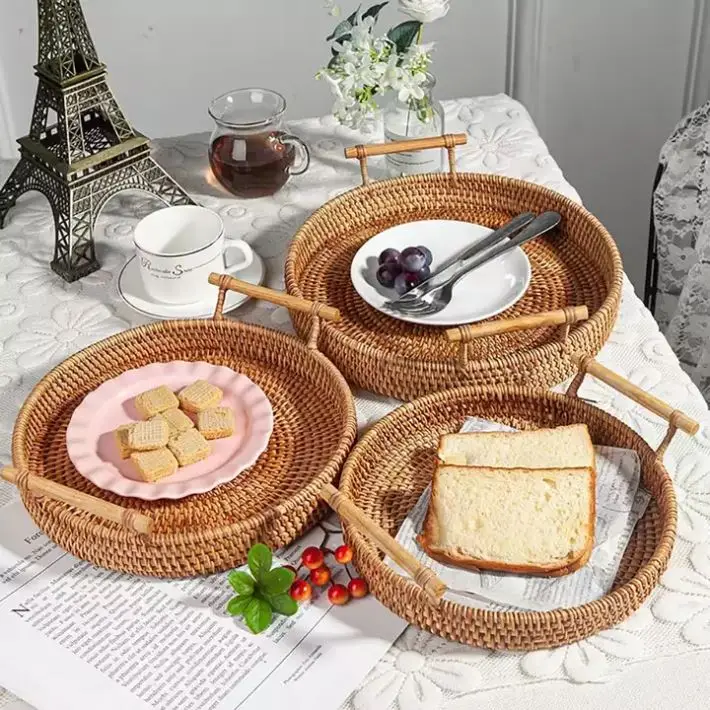 HSFT ECO Friendly Natural Rattan Serving dry fruit Tray handmade food storage rattan basket
