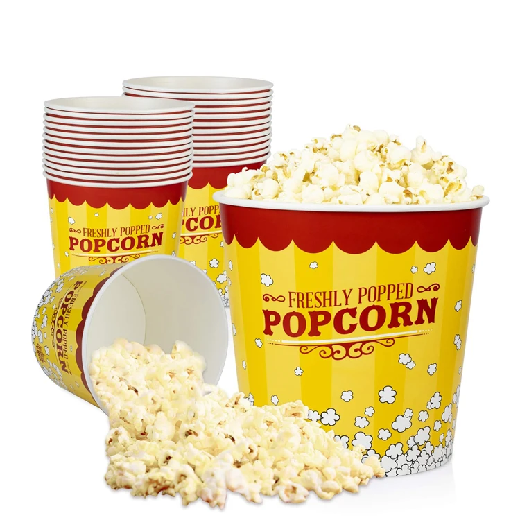130 Oz Yellow and Red Paper Popcorn Containers Printed Solo Popcorn Tubs Disposable Low MOQ Popcorn Buckets