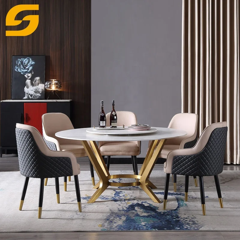 Modern Luxury Design Special Structure Stainless Steel Base Dining Room Furniture Sintered Stone Marble Round Dining Table For 6