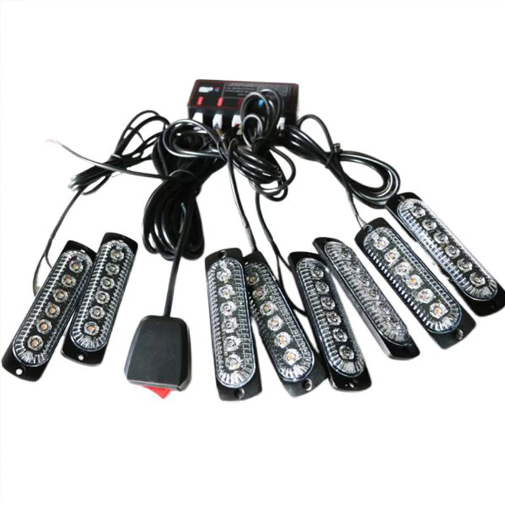 8 In 1 Front Grille Strobe Lights Kit Amber White Auto Used Car Emergency Grill Light Bar 4' 12V Traffic Safety Flashing Lights