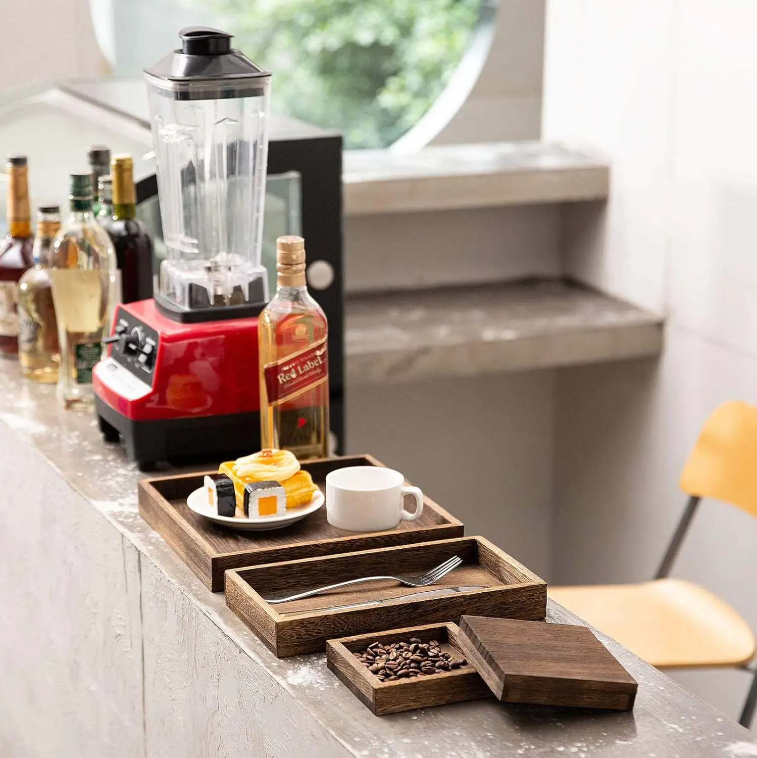 Rustic wooden tray with handle - 7-piece set of rectangular plates for entertainment, breakfast, coffee table wooden tray