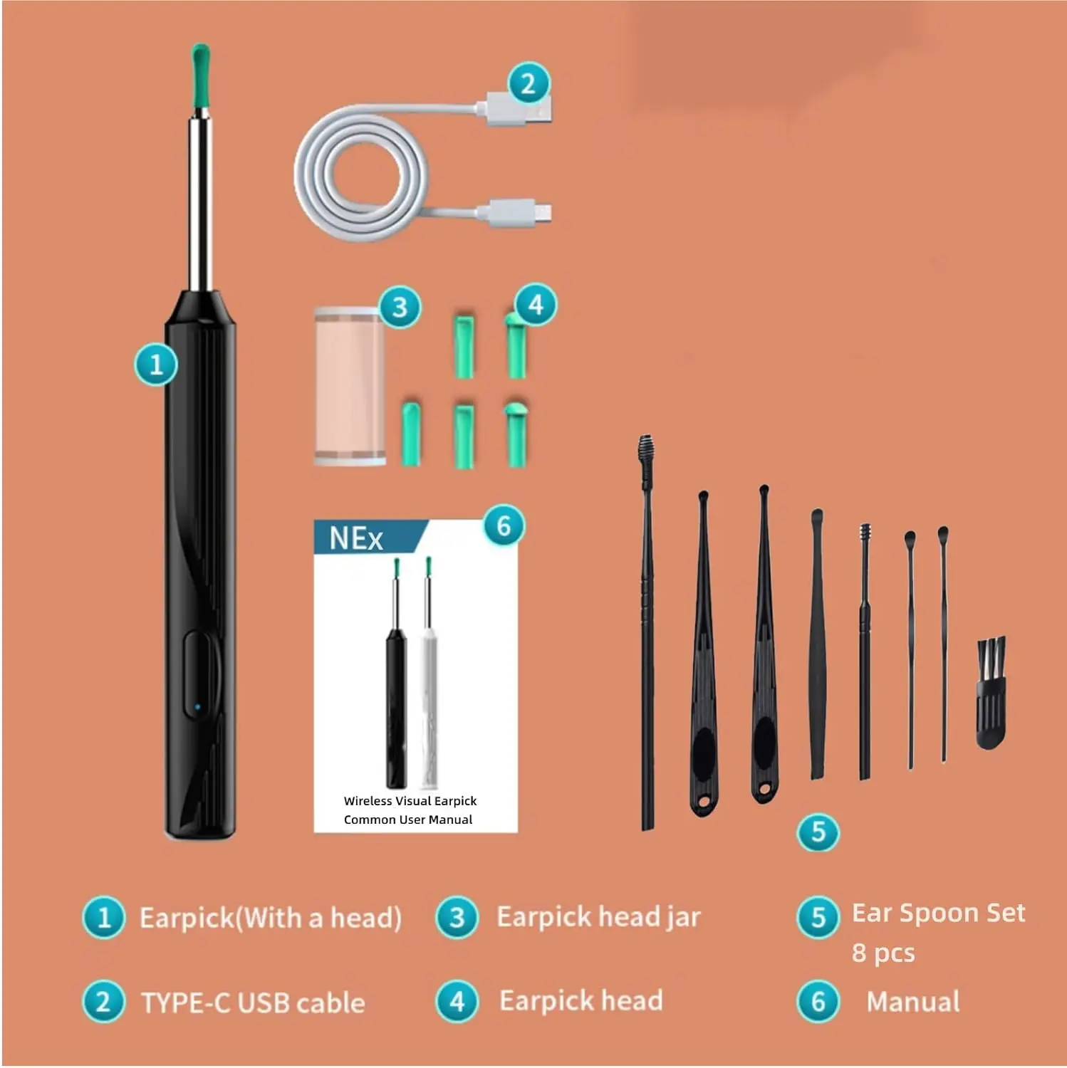 Black integrated spoon head Ear Wax Removal-Earwax Removal Tool  visual earpick Ear Cleaner  with Camera with Light