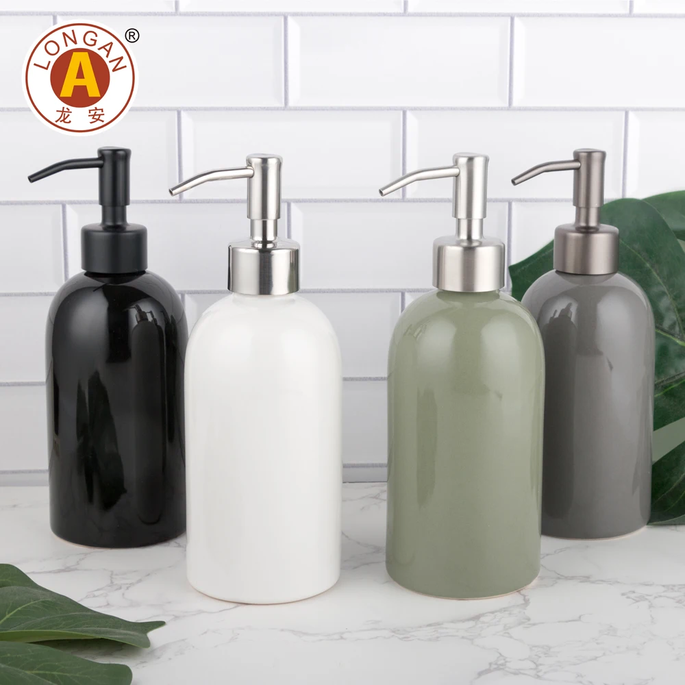 Longan 300ml 400ml 450ml Round Ceramic Cosmetic Bottle With Pump Lotion Pump Bottle For Bathroom