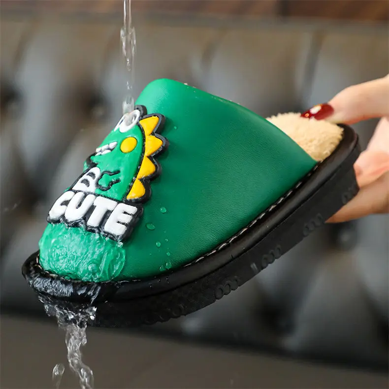 Children Cartoon Dinosaur Design Waterproof Cute Plush Shoes Slipper Comfort Children Indoor Home Kid Fur Slippers