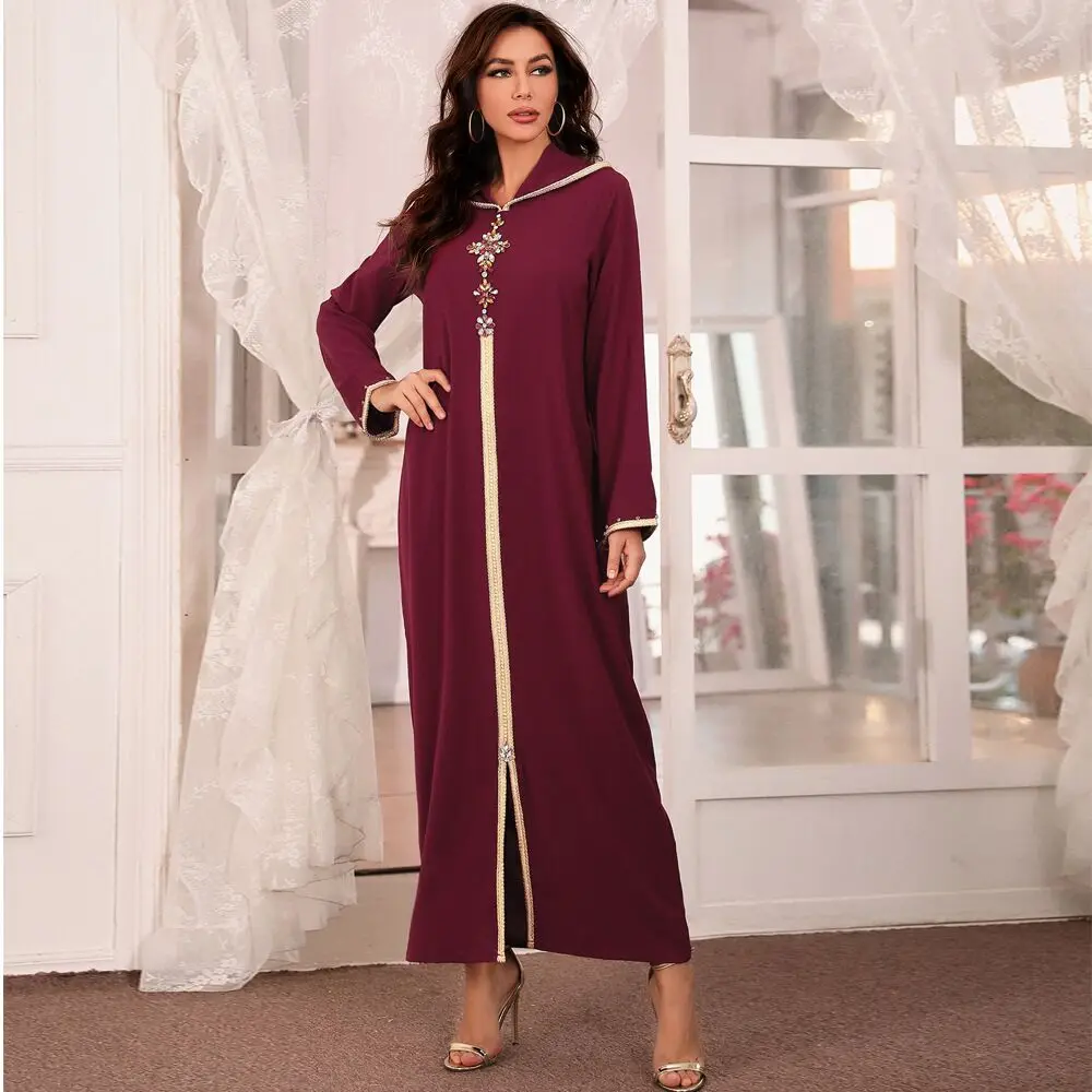 J&H  2022 Luxurious Dubai Abaya Djellaba Moroccan Kaftan Women Long Sleeve Hoodie Maxi Dress Robes Islamic Clothing