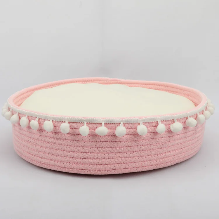 Portable Comfortable Woven Cotton Rope Pet Bed Dog Cat Cute Pink Pet Round Bed For Small Cat  Dog With Soft Removable  Cushion