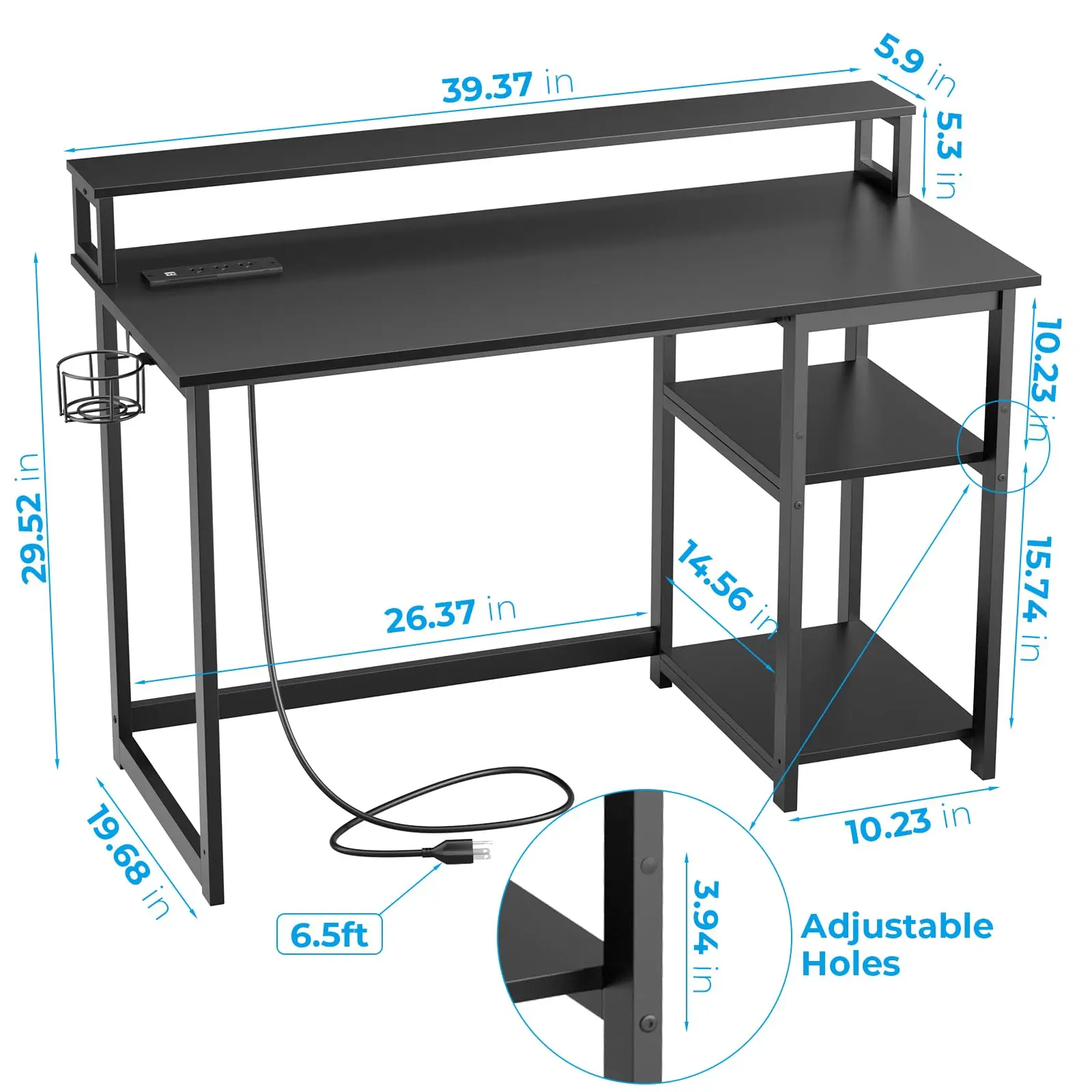 Simple Design Home Office Reversible Small Desk with Monitor Stand and Storage Shelves Power Outlet Computer Desk