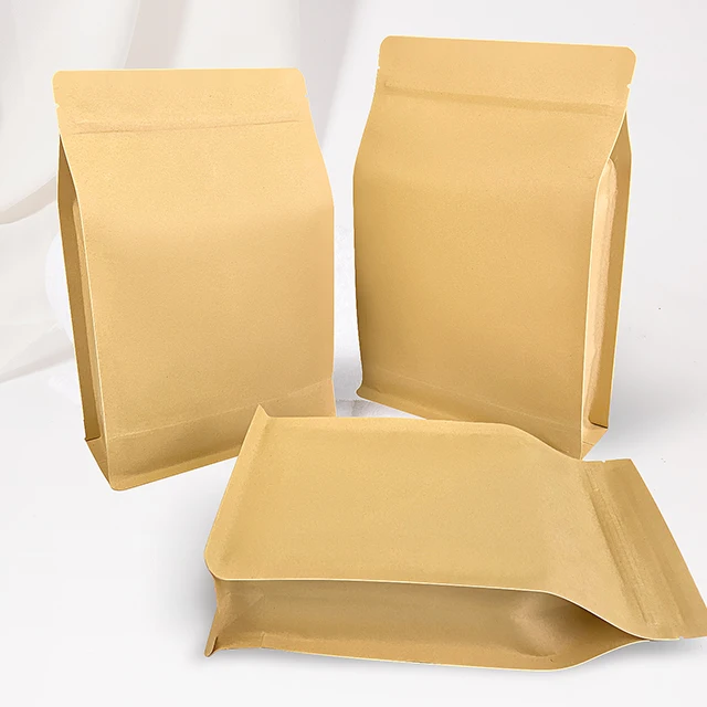 Factory Brown Kraft Paper Doypack Flat Bottom Pouch Resealable Zipper Recycled Materials Food Packaging Bag