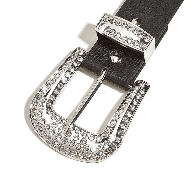 Top Selling Fashion Studded Punk Rivet Belts Stylish Rhine Stone Women Cool Girl PU Leather Belts Alloy Pin Buckle Waistband