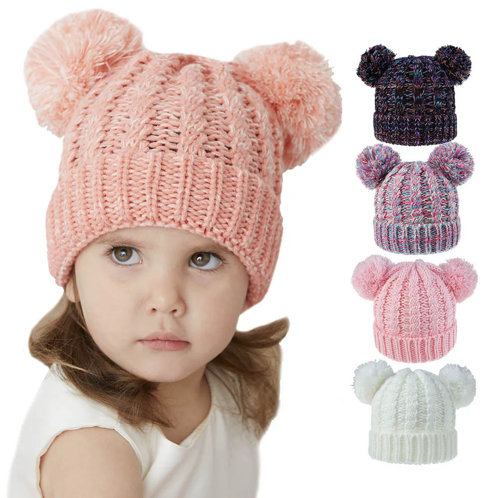 Kids Furry Balls Pompom Cute Wool Beanie Cap New Born Girls Boy Beanie Warm Winter Hats For Baby