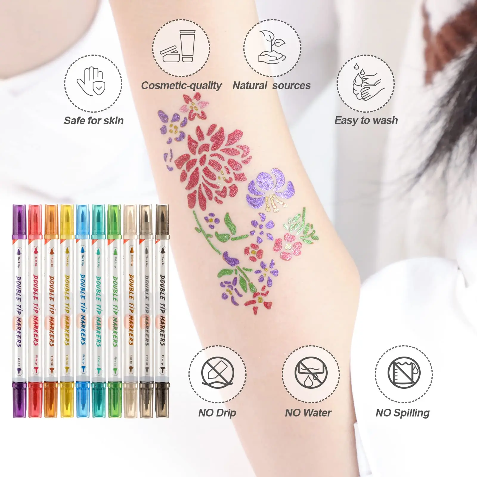 Skin-Friendly Multiple Stencils Halloween Cosplay Glitter Tattoos Kit Waterproof Girls Face Body Temporary Tattoo Markers