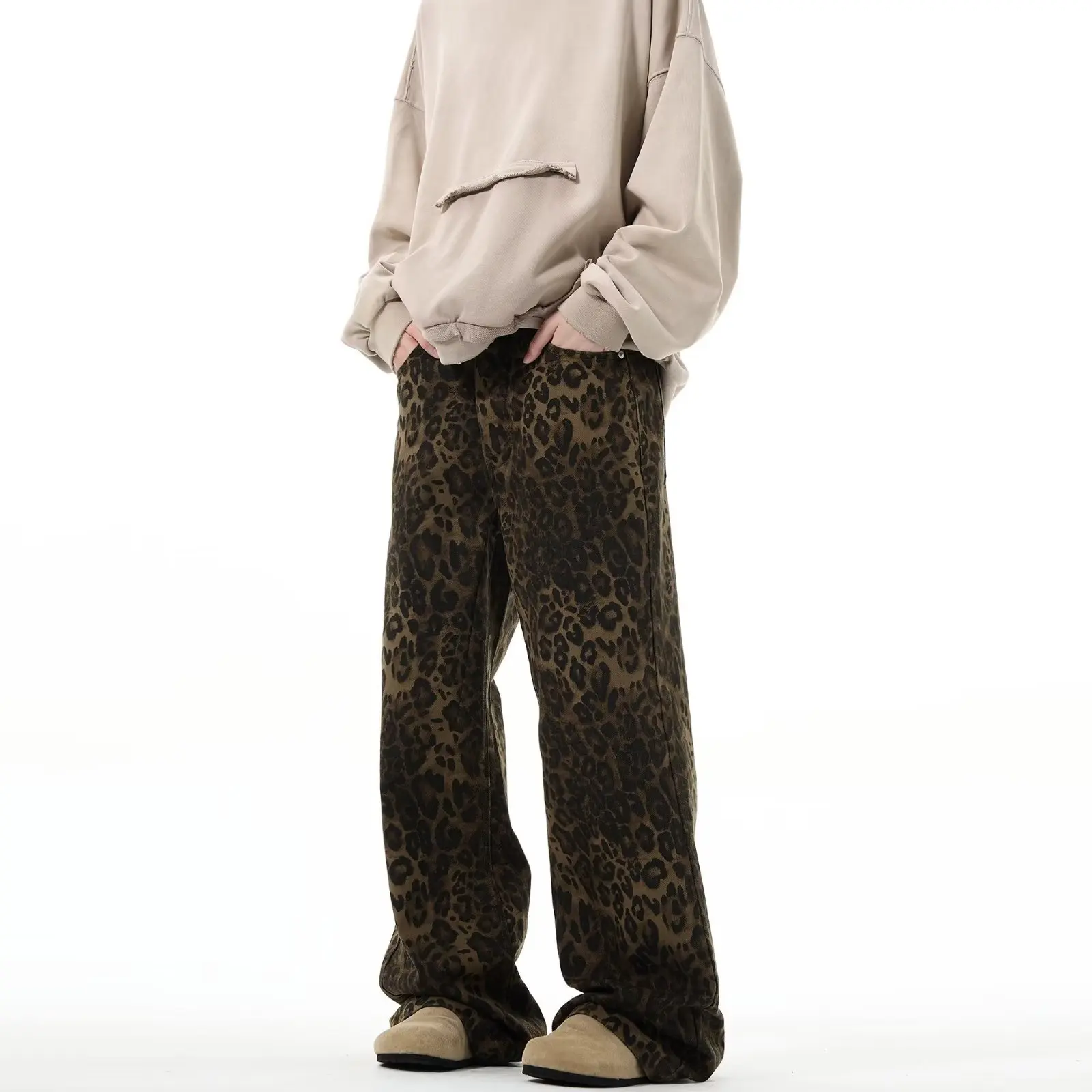 Fitspi Vintage Leopard Print Jeans Men Women Straight Loose Leisure Mop Trousers Men Wholesale
