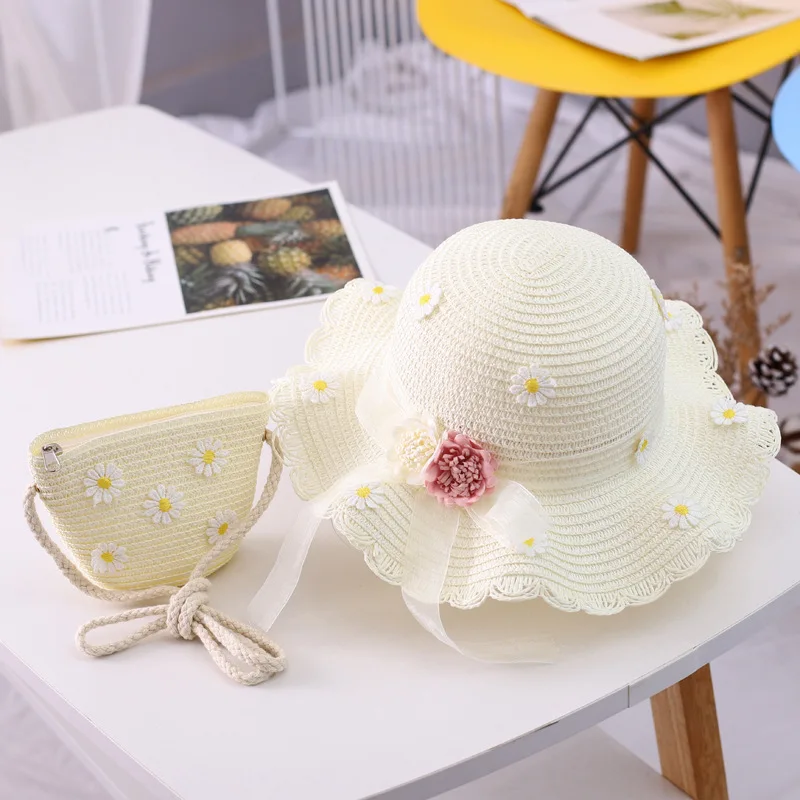 Girls straw hat summer new ribbon flower sun hat Sweet Summer Kids Hat for Wholesale