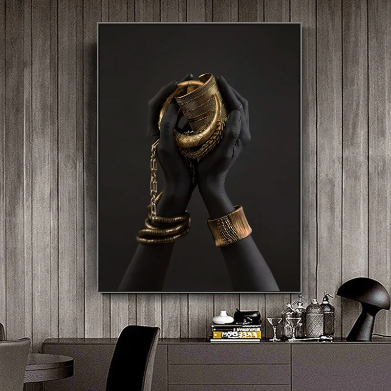 Черная Женская рука с золотом, украшения, холст, картины на стену, художественные плакаты и принты, Африканское искусство, картины, домашний декор для стен