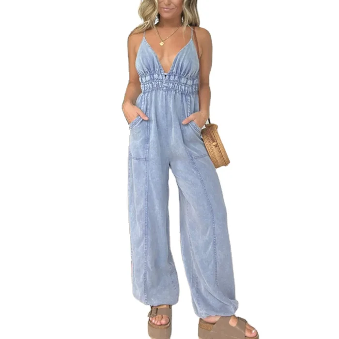 Channel Summer Casual Spaghetti Jumpsuit With Pockets For Women Tencel Denim V Neck Sleeveless One Piece Jumpsuits 2024