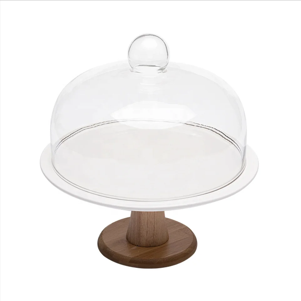 Wooden handle base Round ceramic Cake stand  Food Plate Serving Trays With Glass Dome
