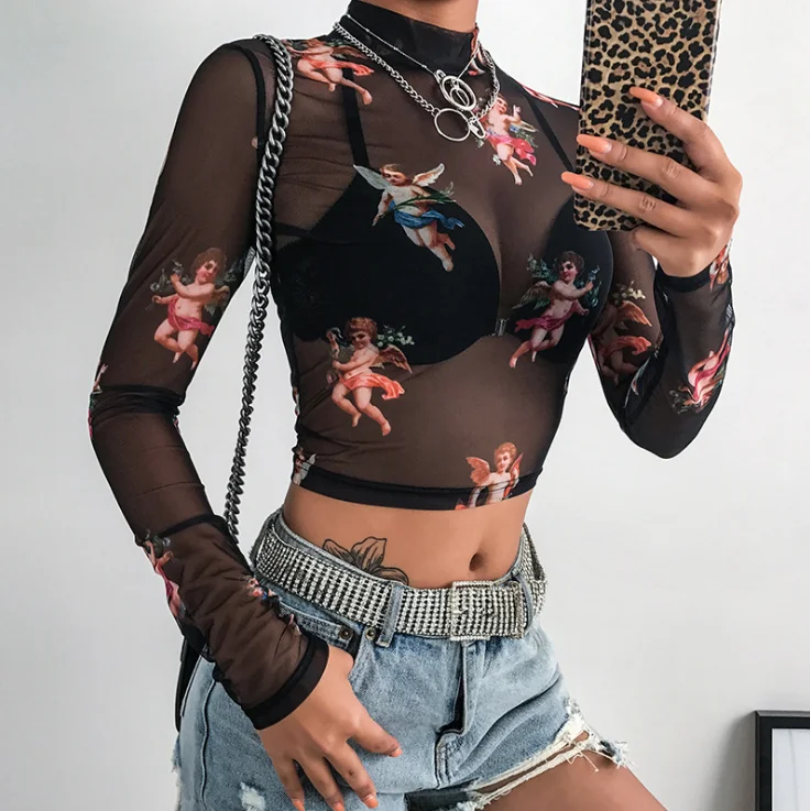 
Wholesale Angel Print Black Mesh Crop Top Long Sleeve T-shirt Sexy Womens Streetwear Tops 