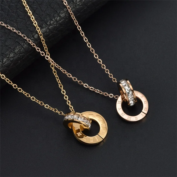Clavicle Chain Double Ring Roman Numerals Necklace Cubic Zirconia Circle Stainless Steel Rose Gold Plated Women Necklace