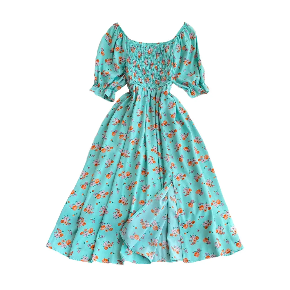 2023 Premium Summer New French Style Gentle Sweet Square Collar Puff Short Sleeve Tight Waist Slimming Slit A- Line Casual Dress