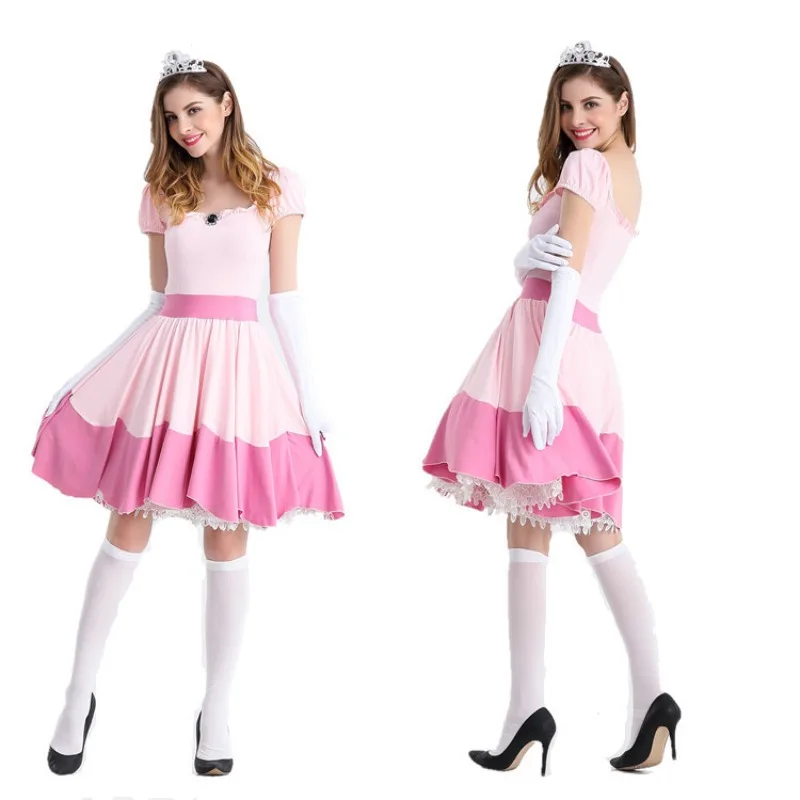 Halloween Costume for Women Super Brothers Princess Peach Cosplay Dress Glov Crown Sweet Pink Suit