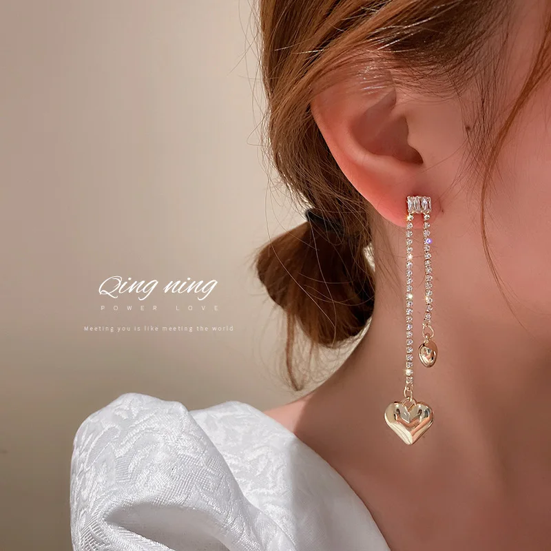 Jewelry 925 silver needle Korean fashion new style personality tassel asymmetry inlaid diamond Love Earrings long earrings