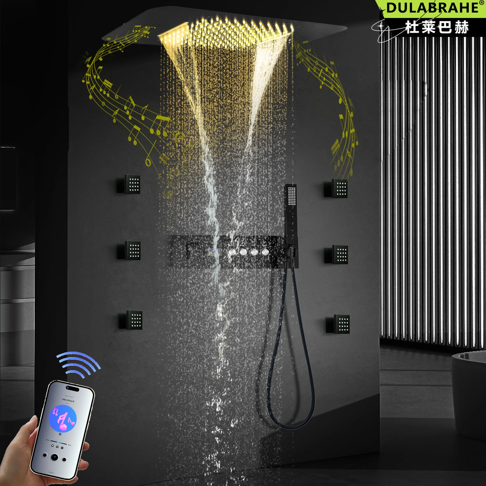 Ceiling Mounted LED Shower Head 23*15 Inch Build-in Music Speaker  Thermostatic Shower Valve Bathroom Shower Faucet Set