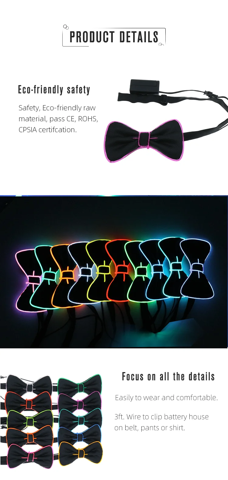 Wholesale Hight Quality Light Up Pink Bow Tie, Glowing EL Wire