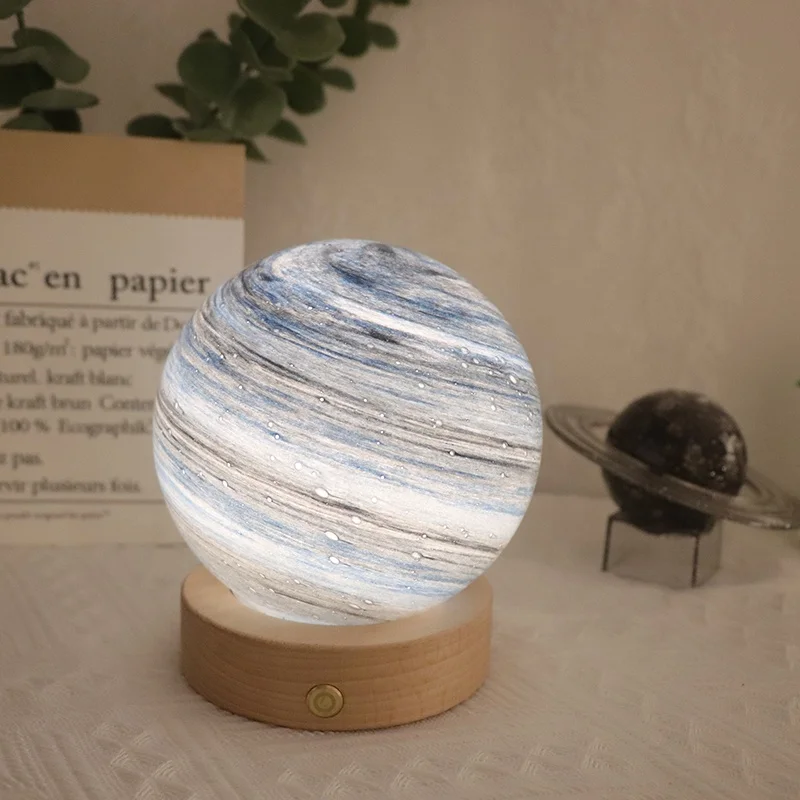Creativity Gift Light Glass Wandering Earth USB Table Lamp 3D Touch Night Light With Wooden Led Base