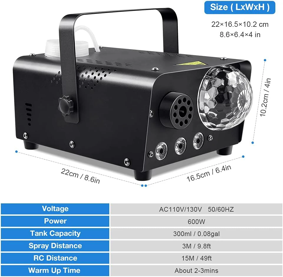 Smoke Machine Disco Ball Light 600W Fog Maker RGB LED light 2300 CFM Spray Remote Control For Halloween Christmas Wedding Party