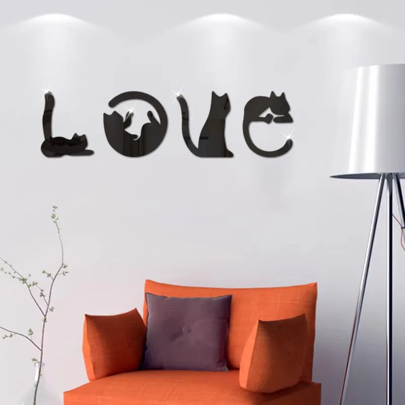 Acrylic wall sticker cat LOVE living room bedroom wall creative self-pasting background wall decoration