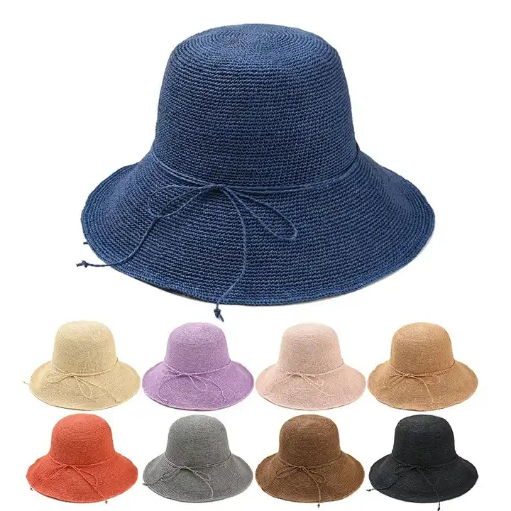 2024 Summer High Quality Fancy Fine Paper Straw Crocheted Beach Hat Colorful Bucket Straw Hat Women
