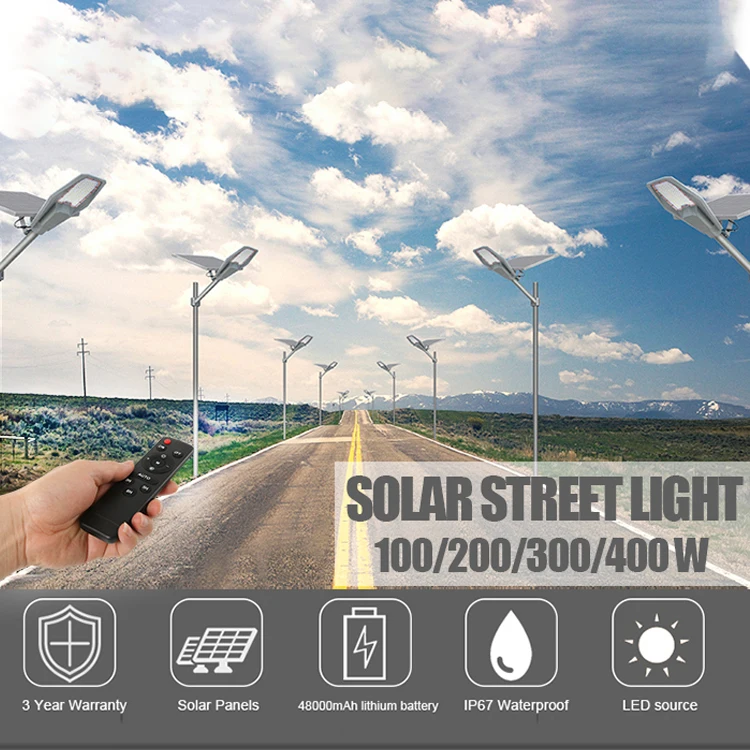 100W 200W 300W 400W Aluminum Outdoor Solar Street Lamp Road Waterproof Solar Powered Led Street Light