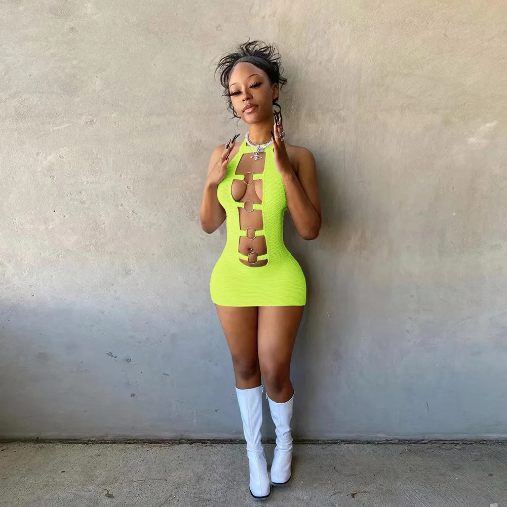 Custom Private Label Streetwear Women Summer Clothes Sexy Halter Bodycon Party Dress Slim Fit Open Back Tropical Dresses Women