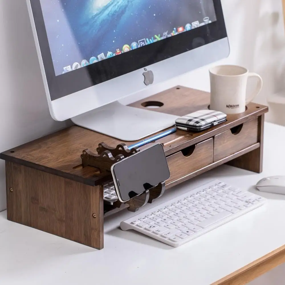walnut bamboo computer monitor stand with cup holder