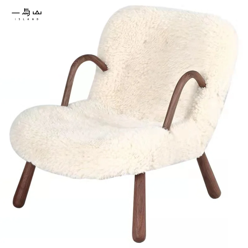 Factory Price White Lamb Hair Single Sitting Highback Armrest Chair With Solid Wood Legs  Living Room Sofa