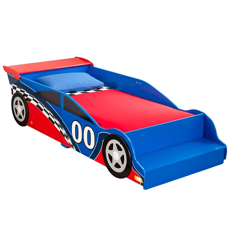 Home Bedroom Furniture Full Size Wooden Baby Crib Children Kid Boy Car Bed with Side Guardrails