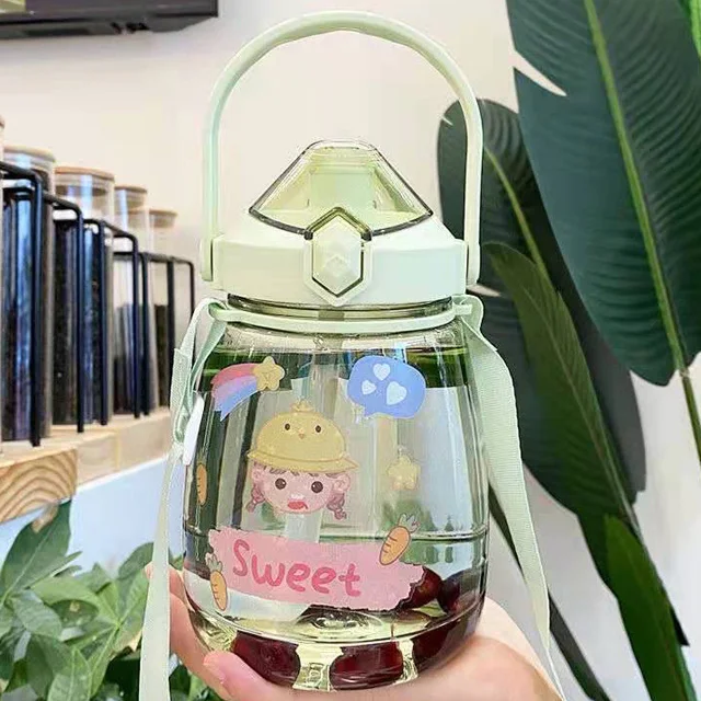 1100ml 32 oz motivational plastic large capacity cute school kids water bottle with straw strap for children bpa free
