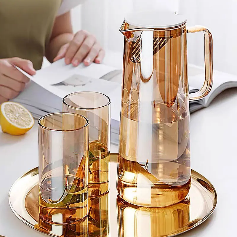 Factory Direct Eco-friendly Handmade Nordic Style Glass Water Jug Brown Glass Water Jug With Lid Water Bottle Set