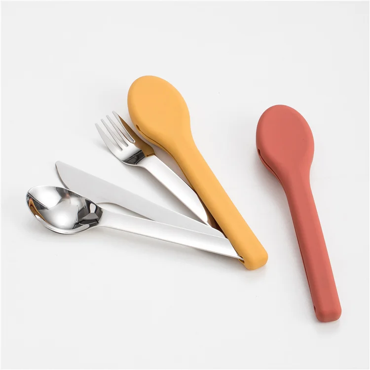 Premium 18/10 Stainless Steel 4Pc Outdoor Travel Camping Modern Flatware Set Knife Spoon Fork with Silicone Sleeve