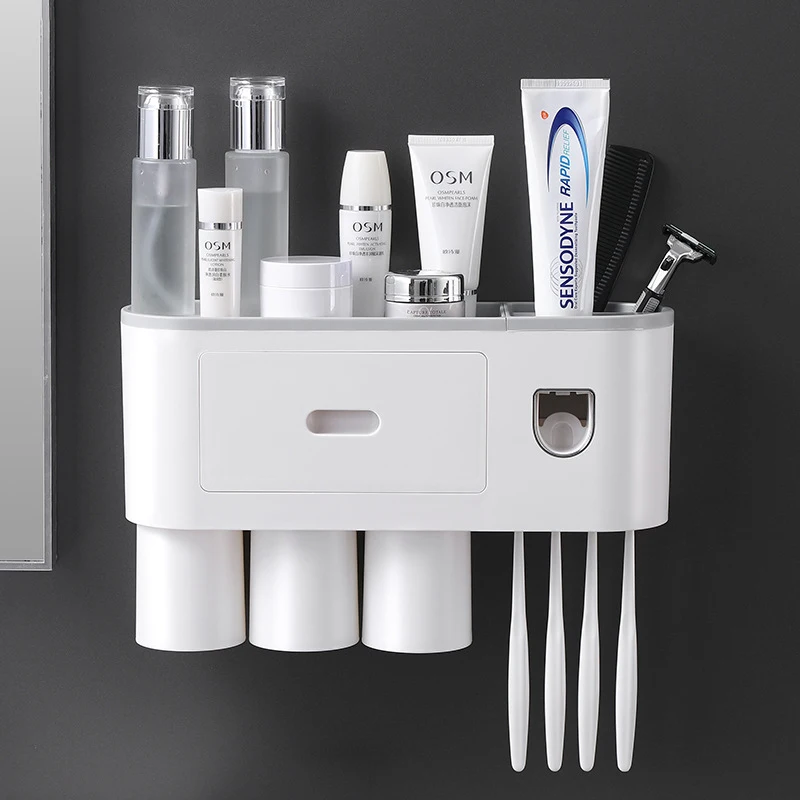 Multi-Functional Non-punching Creative Bathroom Toothbrush Rack For Gargling And Placing Cosmetics