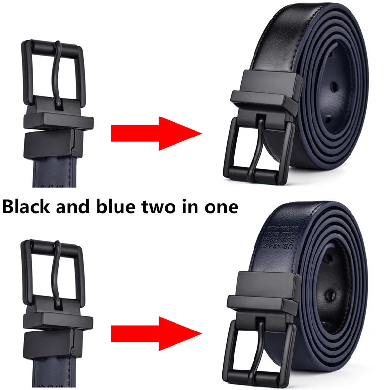 New Female Leather Belt  2.8CM Black and Blue Reversible Genuine Leather Belts for Women with Rotated Buckle