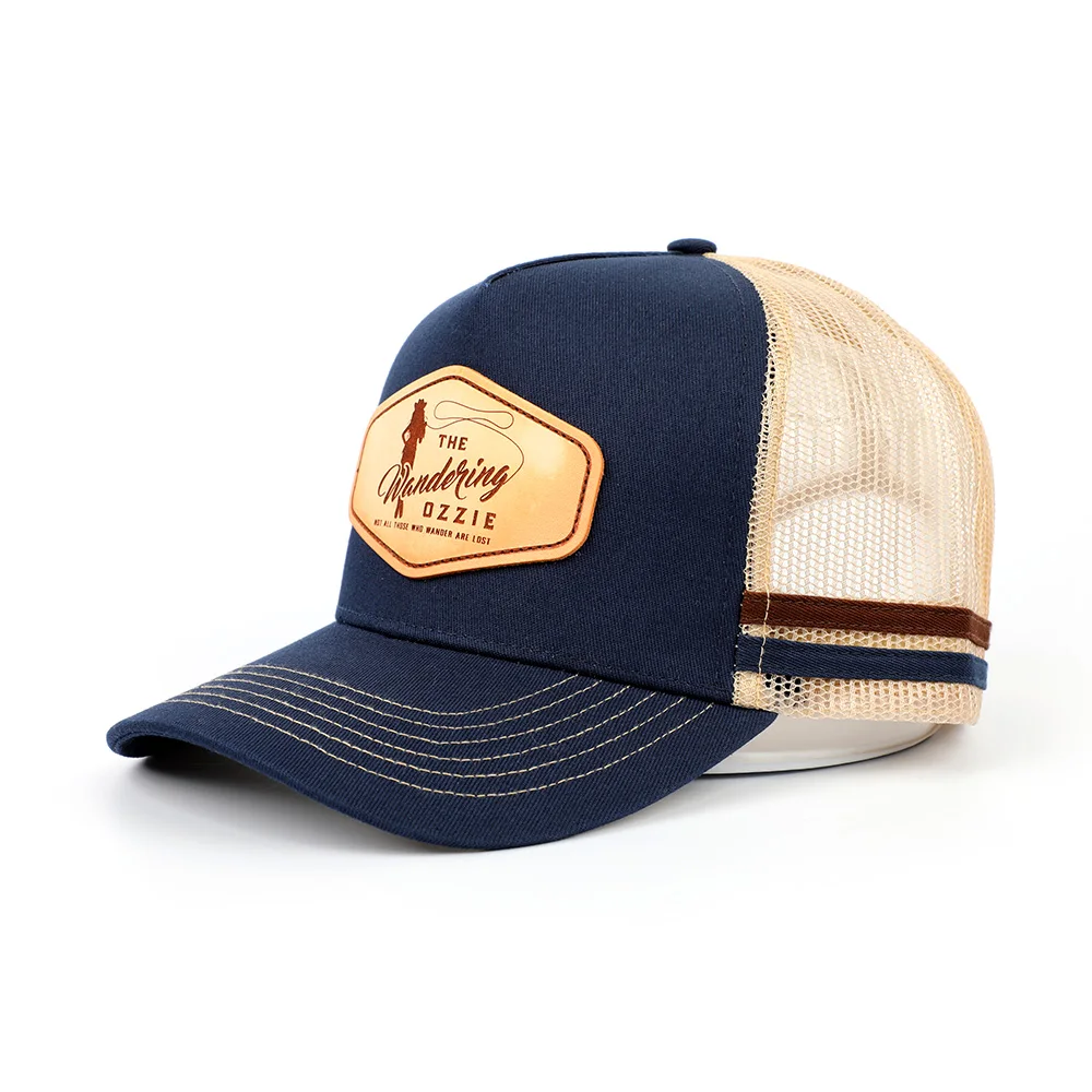 
Custom Bulk Australia Country 5 Panel High Profile Navy Blue Leather Patch Logo Gorras Mesh 2 Side Stripes Trucker Caps Hat 