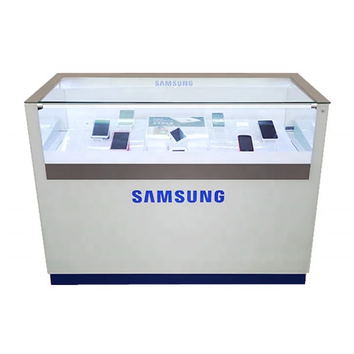 
Cheap Mobile Showroom Modern Cell Phone Showcase Phone Display Counter LED Light Mobile Shop Showcase  (1600094628545)