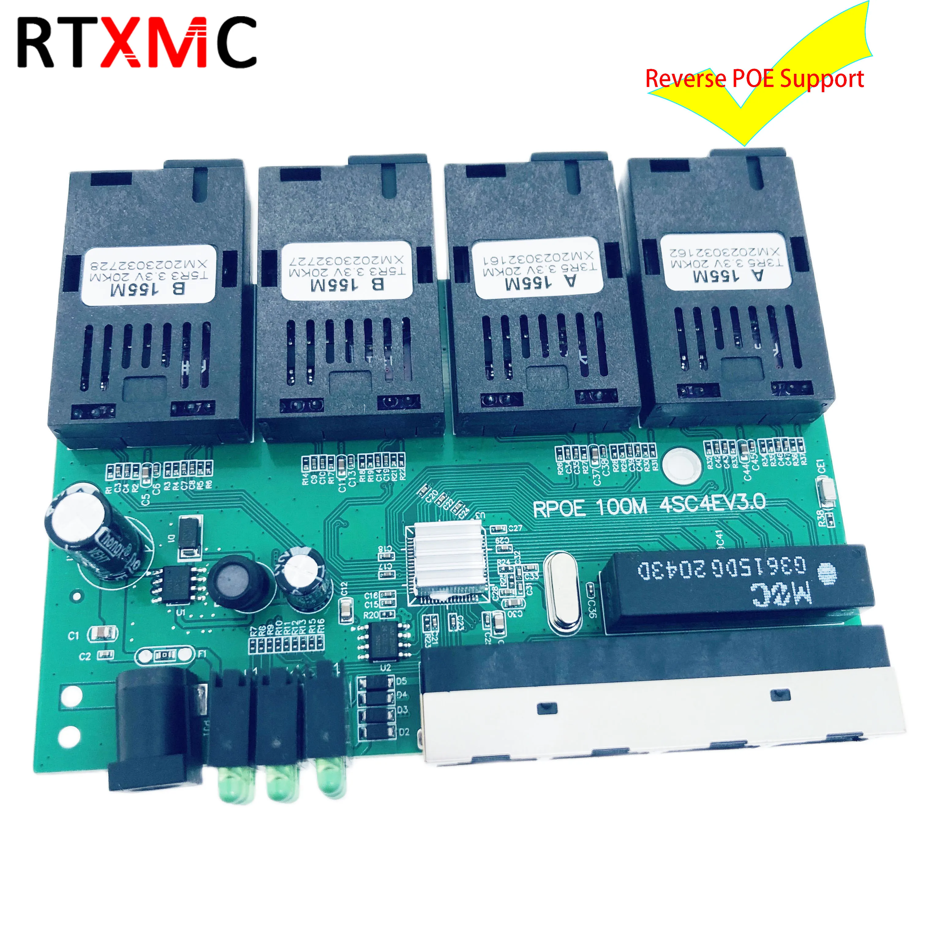 RTXMC 4fo 4lan 4F4E Reverse FAST Rpoe Switch Fiber Switch Optical 100M  Media Converter SF PCBA 4SC 4RJ45 155M RPOE FTTH  5-24V