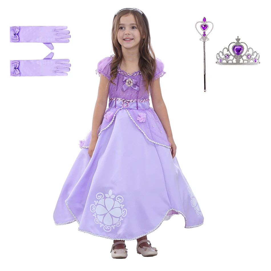 Kids Party Clothing Magic Stick Crown Children Costume 2022 Cosplay Sofia Princess Dress Children Bows Pearl Birthday Costume