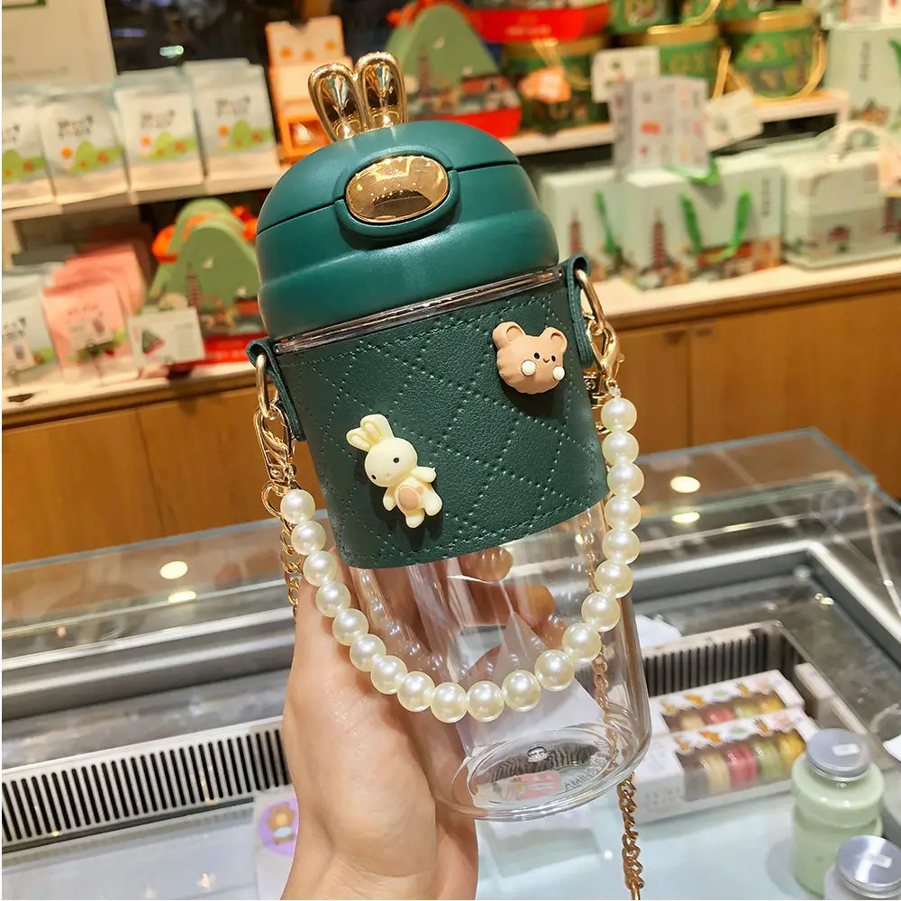 420ml Outdoor Portable Cute Rabbit Water Bottle Flask Thermal Kids Tumblers Cup With Strap And Straw